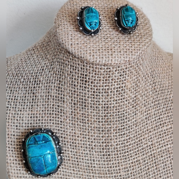 Antique Egyptian Scarabs Earrings and Brooch Set Silver Faience - Picture 3 of 14